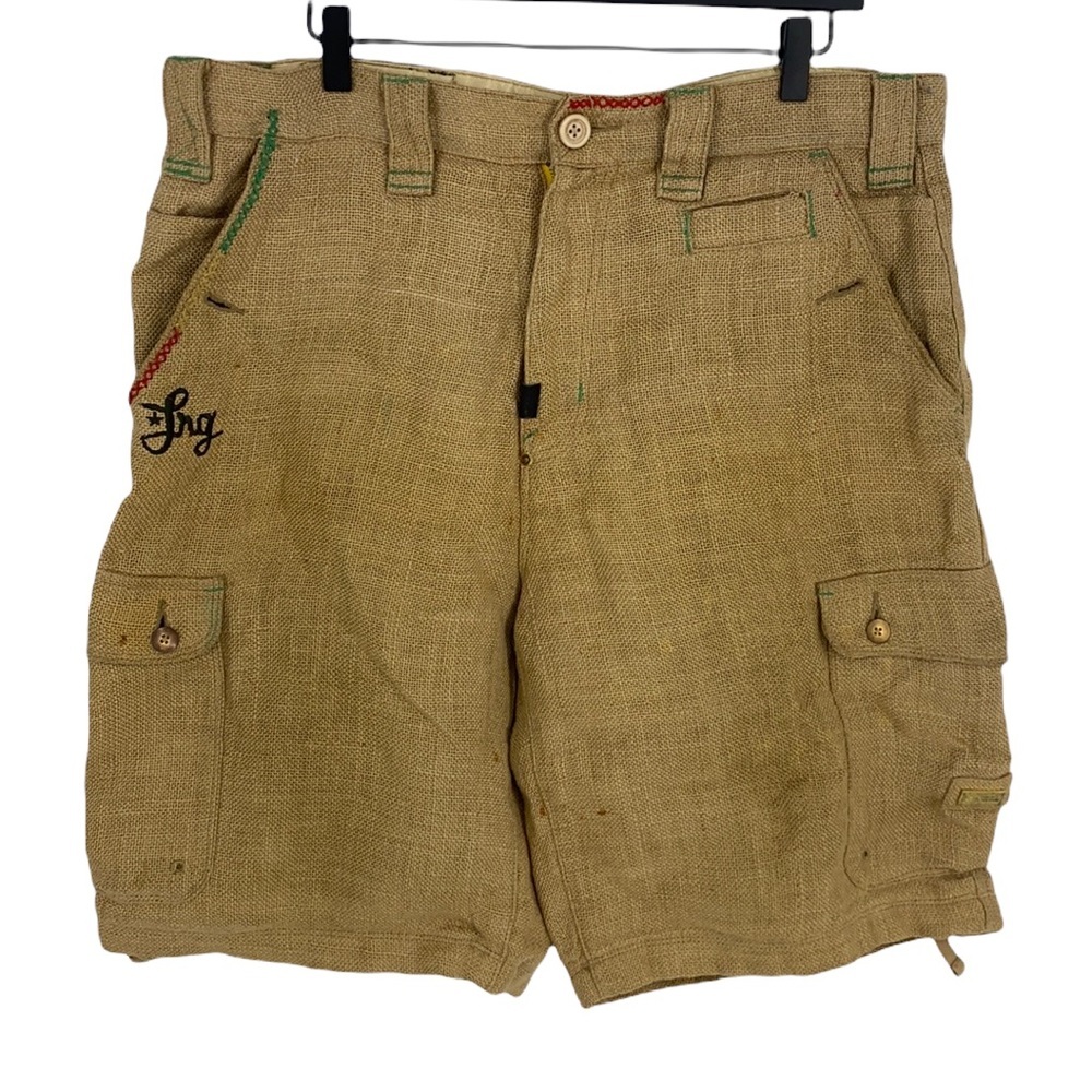LRG Uprooting The Youth Men's Burlap Tan Burlap Cargo Shorts 100% Linen size 34